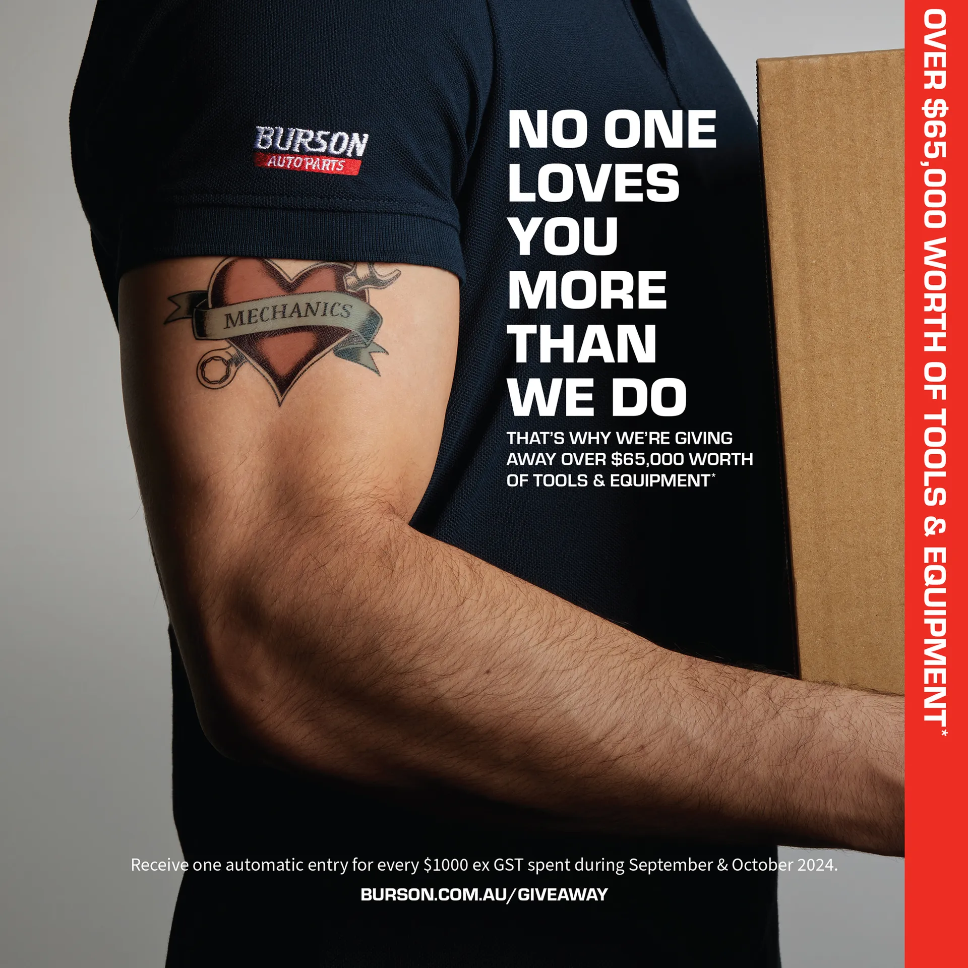 Burson Auto Parts man holding box campaign photography.